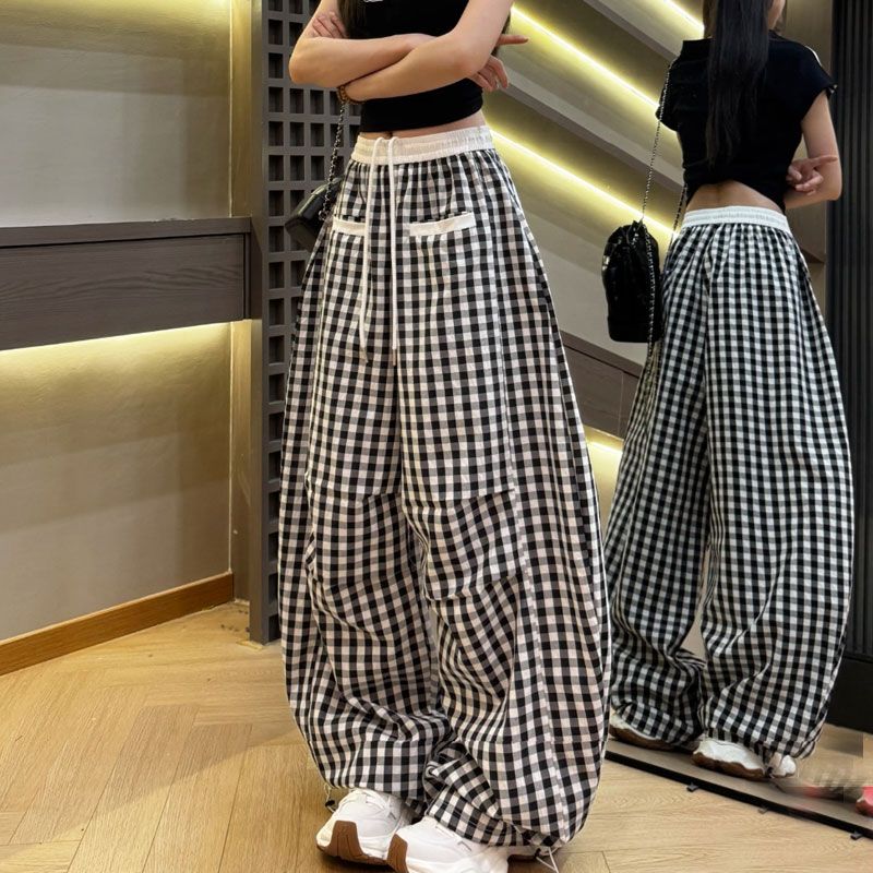 

Летние Ретро Американский Ленивый Стиль Пэчворк Кулиска Широкие Штанины Тонкие С Изогнутым Вырезом Клетчатые Повседневные Брюки - Модная Мода XL чёрный