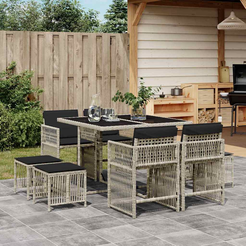 9 Piece Outdoor Dining Set with Cushions Light Grey Poly Rattan