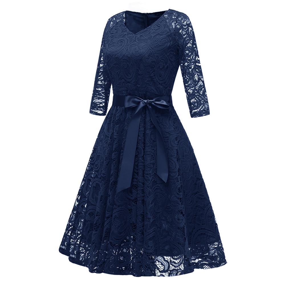 Women Vintage Princess Floral Lace Cocktail V-Neck Party Aline Swing Dress