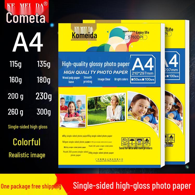 Papier fotograficzny Comet A4 jednostronny błyszczący do druku atramentowego: Dostępne w gramaturach 115g, 135g, 160g, 200g, 260g.