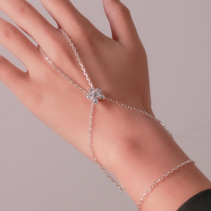 Minimalist Metal Inlaid Flower Zircon Finger Bracelet for Women Trendy Gold Color Thin Chain Double-Layer Hand Chain Jewelry