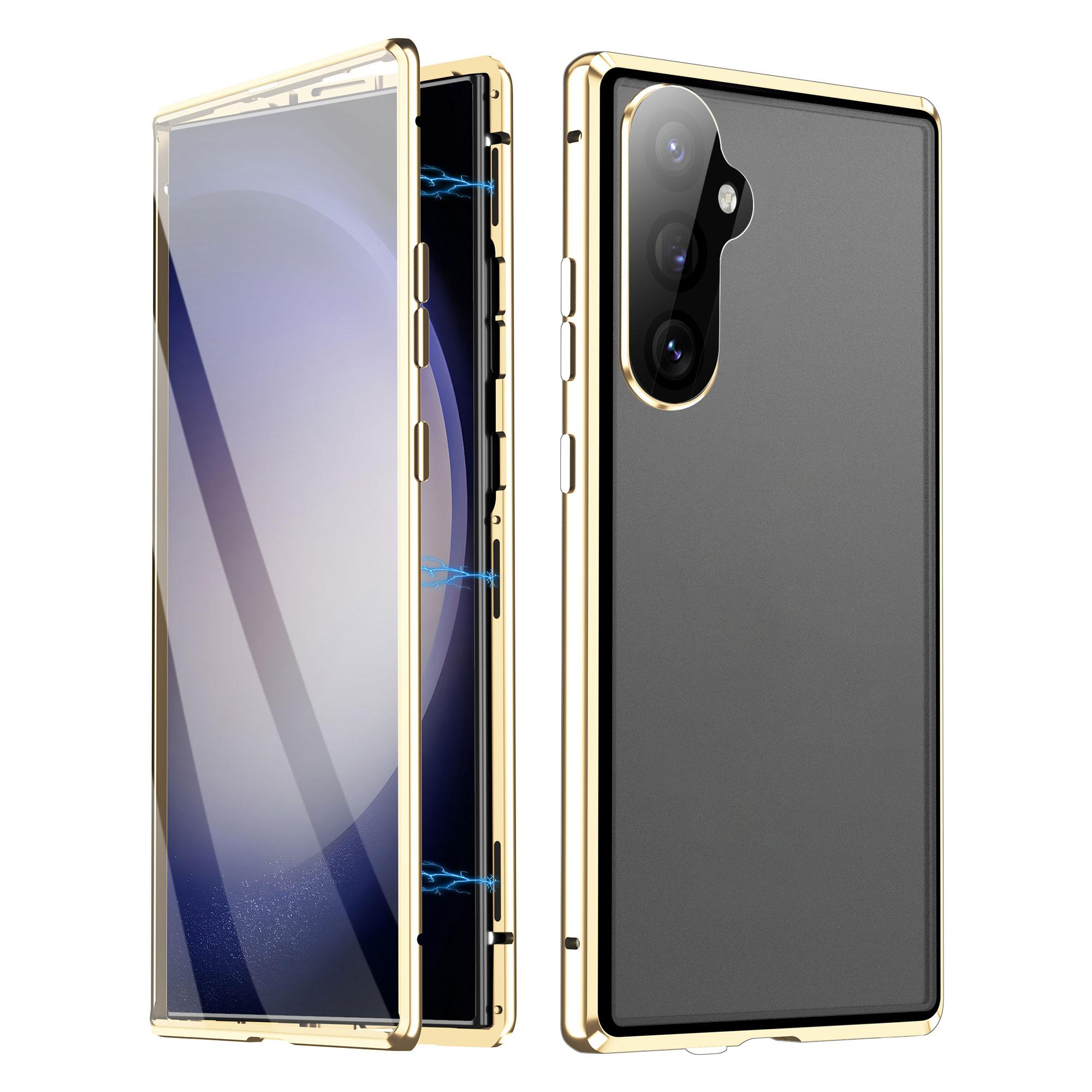 

For Samsung Galaxy S25 Case Double Sides Tempered Glass+Metal Magnetic Phone Cover with Buckle Gold