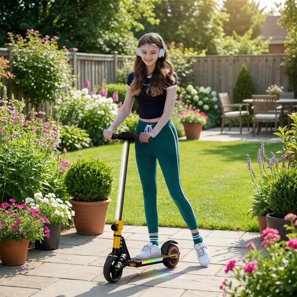 Folding Electric Scooter for Kids, with Dual Brakes, Front Suspension, LED Colourful Lights, Gold Tone