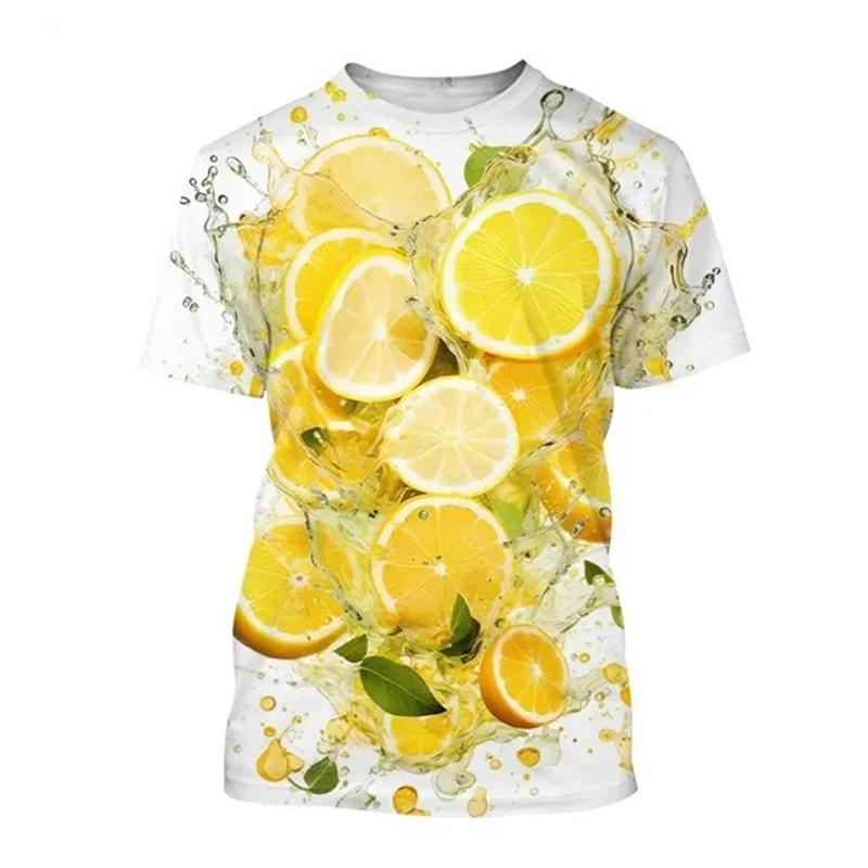 Summer Round Neck 3D Fruit Lemon Pattern Print Top Fashionable Casual Short Sleeved Men's and Women's Unisex T-shirts