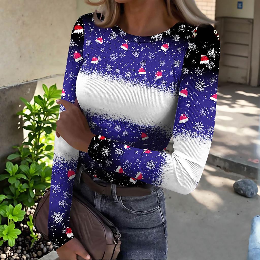 Women's  Slim Bottom T-shirt Fashion Casual Gradient Printing Round Neck Pullover Long Sleeve Top