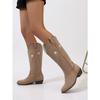 Foreign Trade Large Size Star Totem Embroidered High Leather Boots Women's European and American Style Sewing Thread Pointed Thick Heel Western Boots