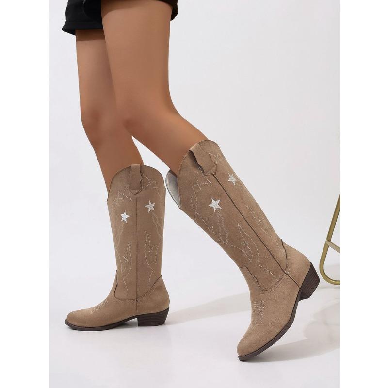 Foreign Trade Large Size Star Totem Embroidered High Leather Boots Women's European and American Style Sewing Thread Pointed Thick Heel Western Boots
