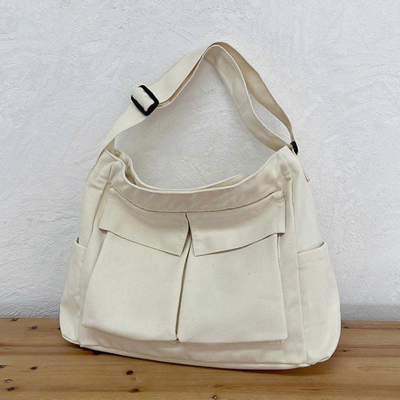 Large Capacity Canvas Tote Bag with Multi Pockets Crossbody Handbag Shoulder Bags School Messenger Bag for Women Men White less