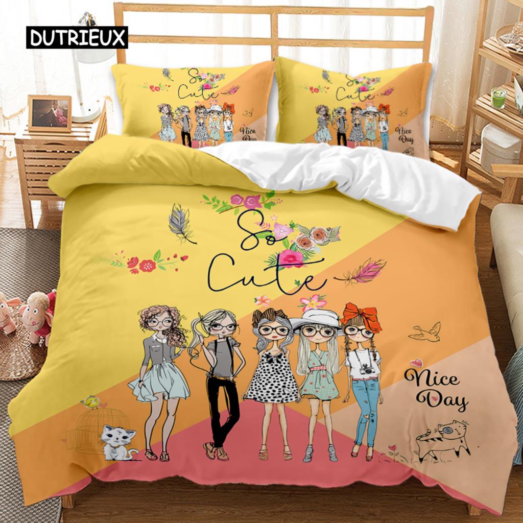 

Girl Quilt Cover Package Pink Fashion Girl Sister Flowers Bed Cover Package Kids Girls Theme Double Size Queen Dimension King Dimension Size Polyester EU single(135x200cm)