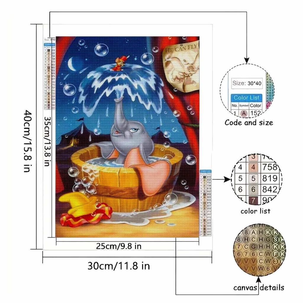 Diamond Mosaic Colorful Diamond Painting The Little Flying Elephant Taking A Bath Full Round Embroidery Cartoon Creative Hobbies Wall Decor