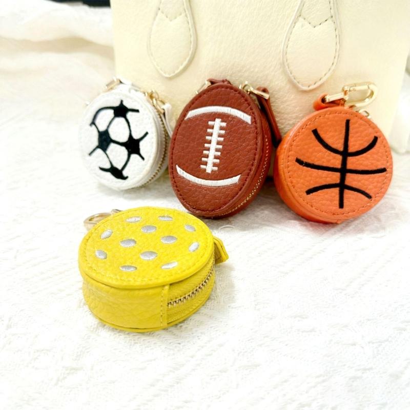 PU Leather Sports Theme Keychain Coin Pouch Small Wallet For Football Basketball Rugby Fan Waterproof Accessory