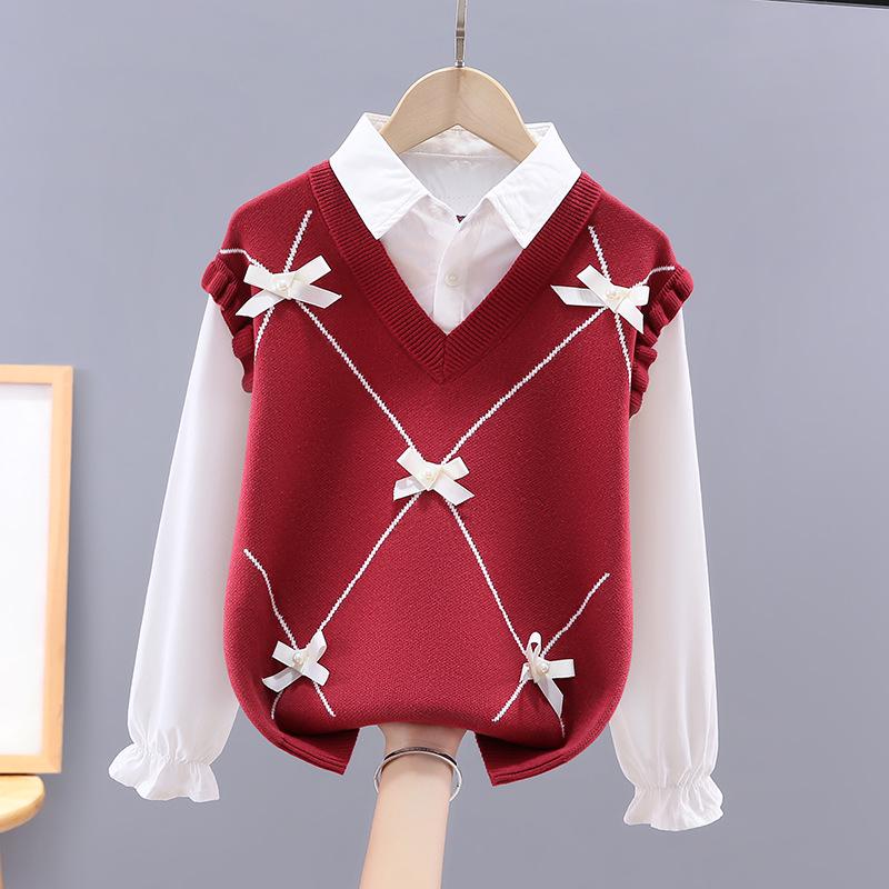 

Хлопковый вязаный свитер «два в одном» для девочек с воротником-рубашкой на весну и осень 160 cm красный