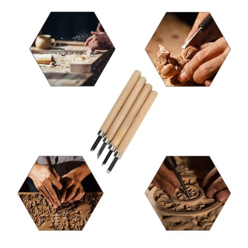 Wood Carving Tool Set, 4-Piece Set with Chisels, Extra Fine, Round, and Extra Fine, for Beginners, Manual Sharpener, Rubber Stamp, Knife Carving Tool