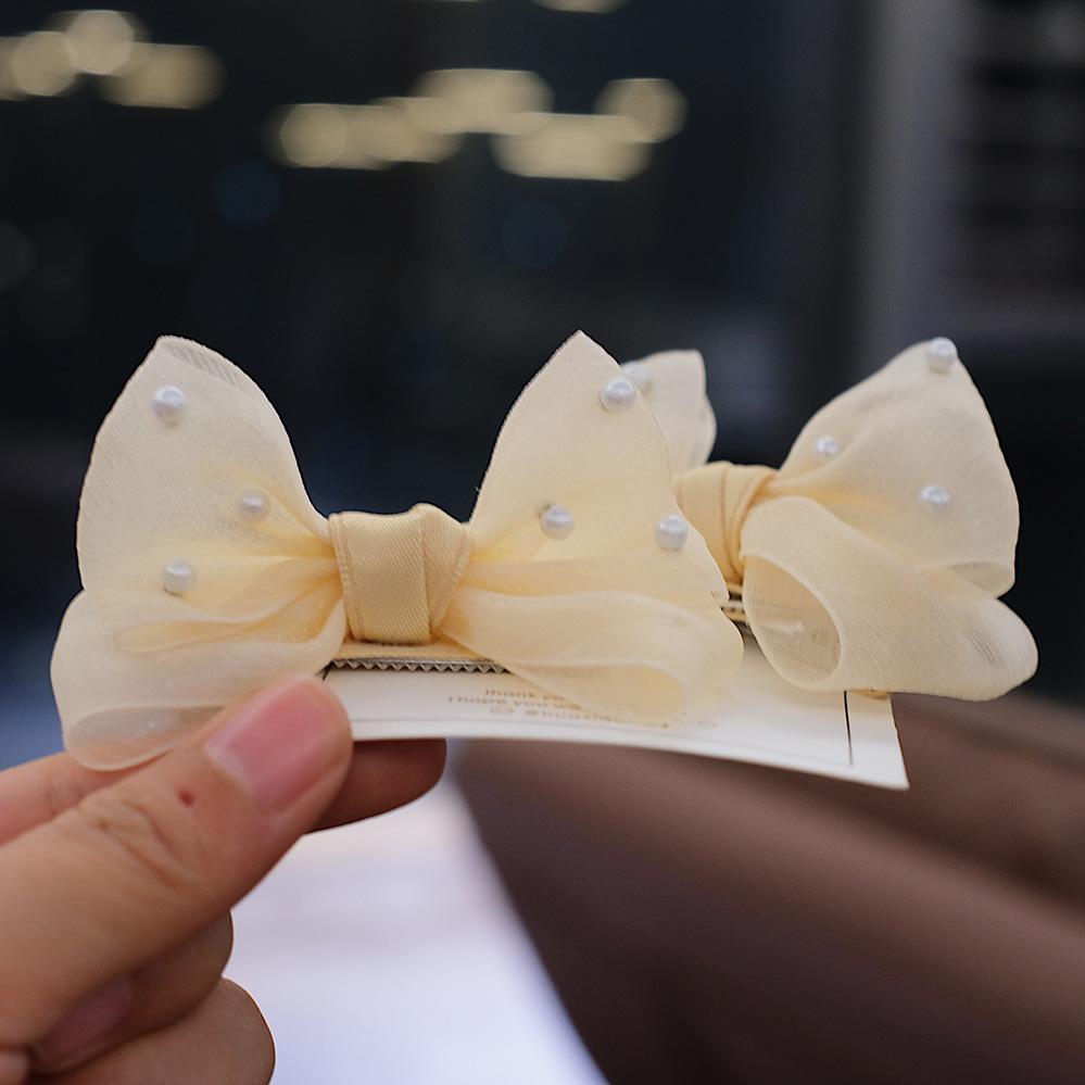 Beaded Lace Bow Hair Clip - Cute 3D Princess Organza Headdress for Children, Beige