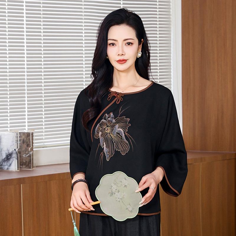 

Винтажная рубашка из ароматной облачной пряжи Цяо Ло, материнская весенне-летняя шелковая блузка, рубашка из шелка тутового шелкопряда женская 4XL чёрный