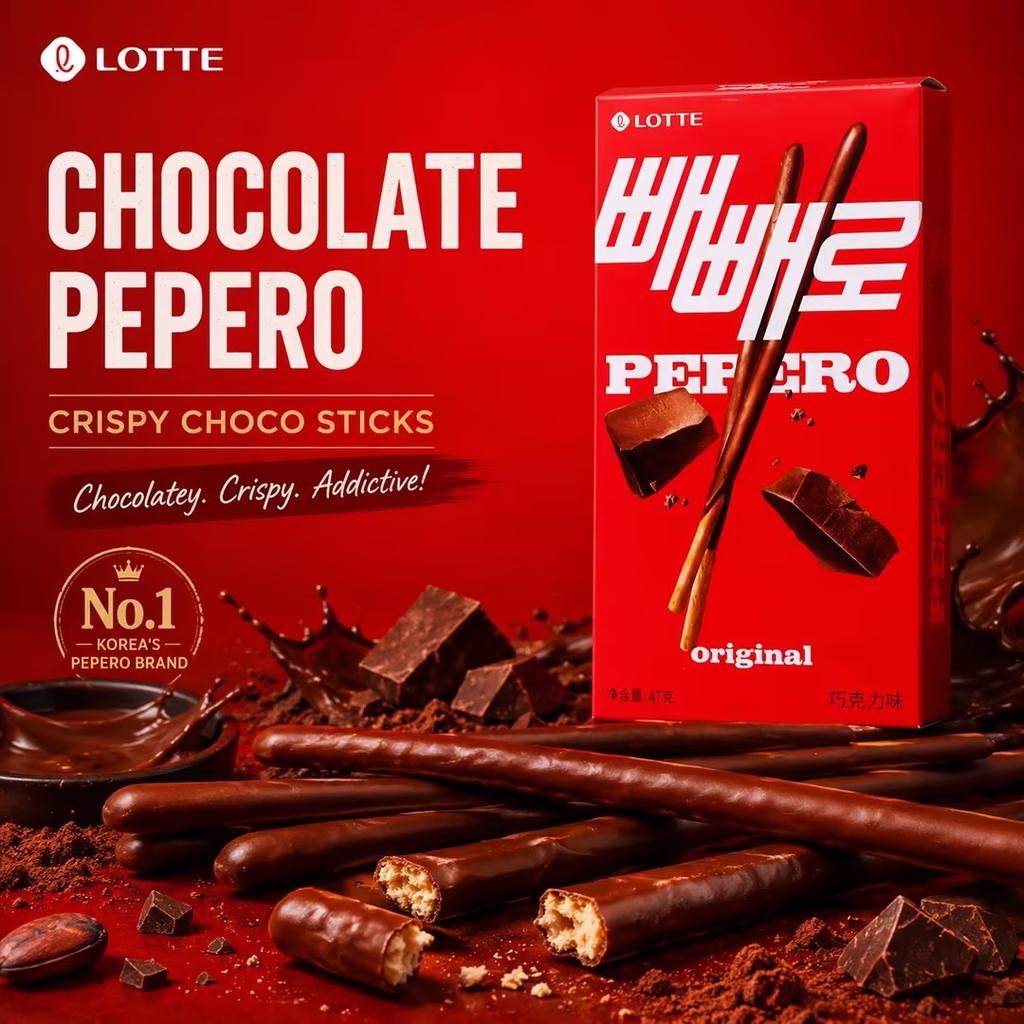 Lotte Pepero Bastoncini di Biscotto al Cioccolato 47g | Bastoncini di biscotto croccanti ricoperti da cioccolato liscio, gusto ricco di cioccolato