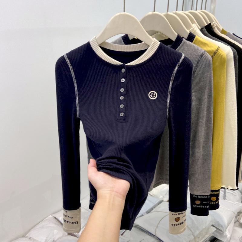 Splicing Contrasting Color Round Neck Long-sleeved Shirt Women's Spring Slim-fitting Chic Inner Bottoming Shirt Autumn and Winter Button-up Top
