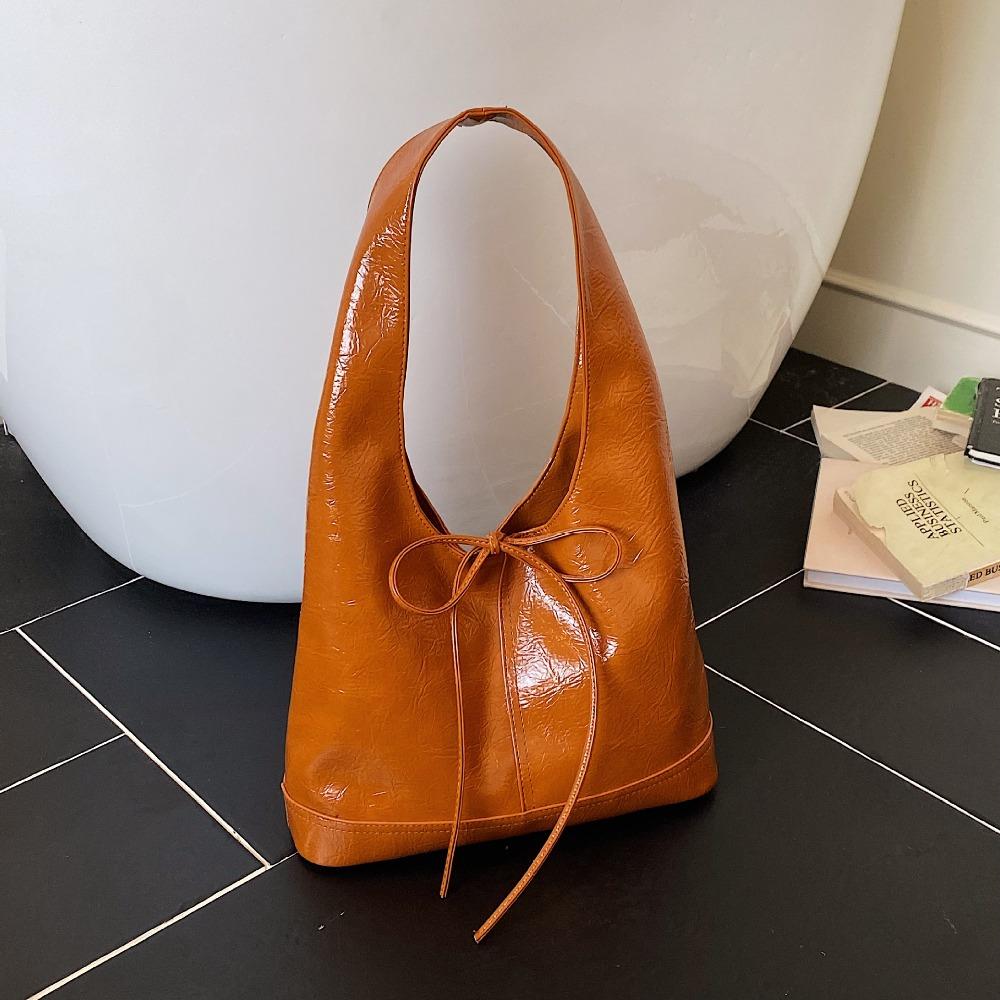 

Korean Style Bow Bucket Bag Large Capacity Commuting Shoulder Bag Oil Wax Leather Tote Bag Girls коричневый