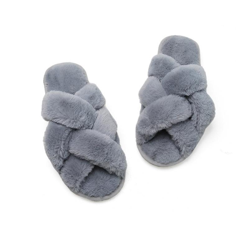 Mesh cross plush slippers, winter plush flat floor mop, exposed toe warm cotton mop