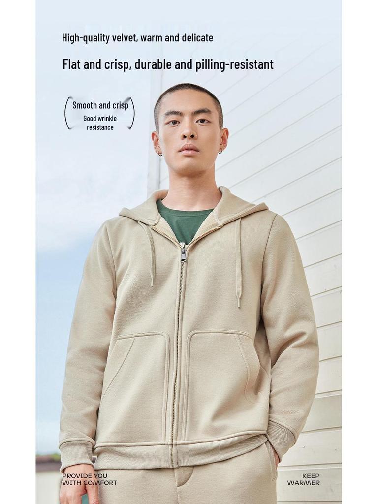 Men's Casual Solid Color Fleece Lined Hooded Sweatshirt - Warm, Versatile Loose Fit with Drawstring and Zipper.