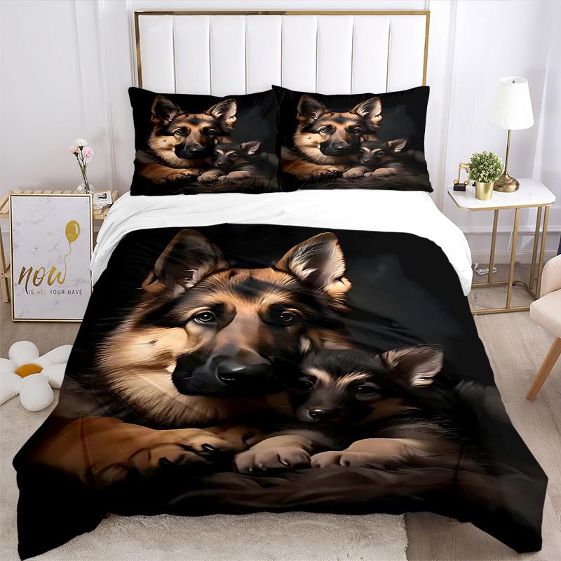 3pcs German Shepherd Dog Family Bedding Set - Includes One Quilt Cover and Two Pillowcases (No Core) - Home Decor Gift for Anime Lovers - Polyester Fa