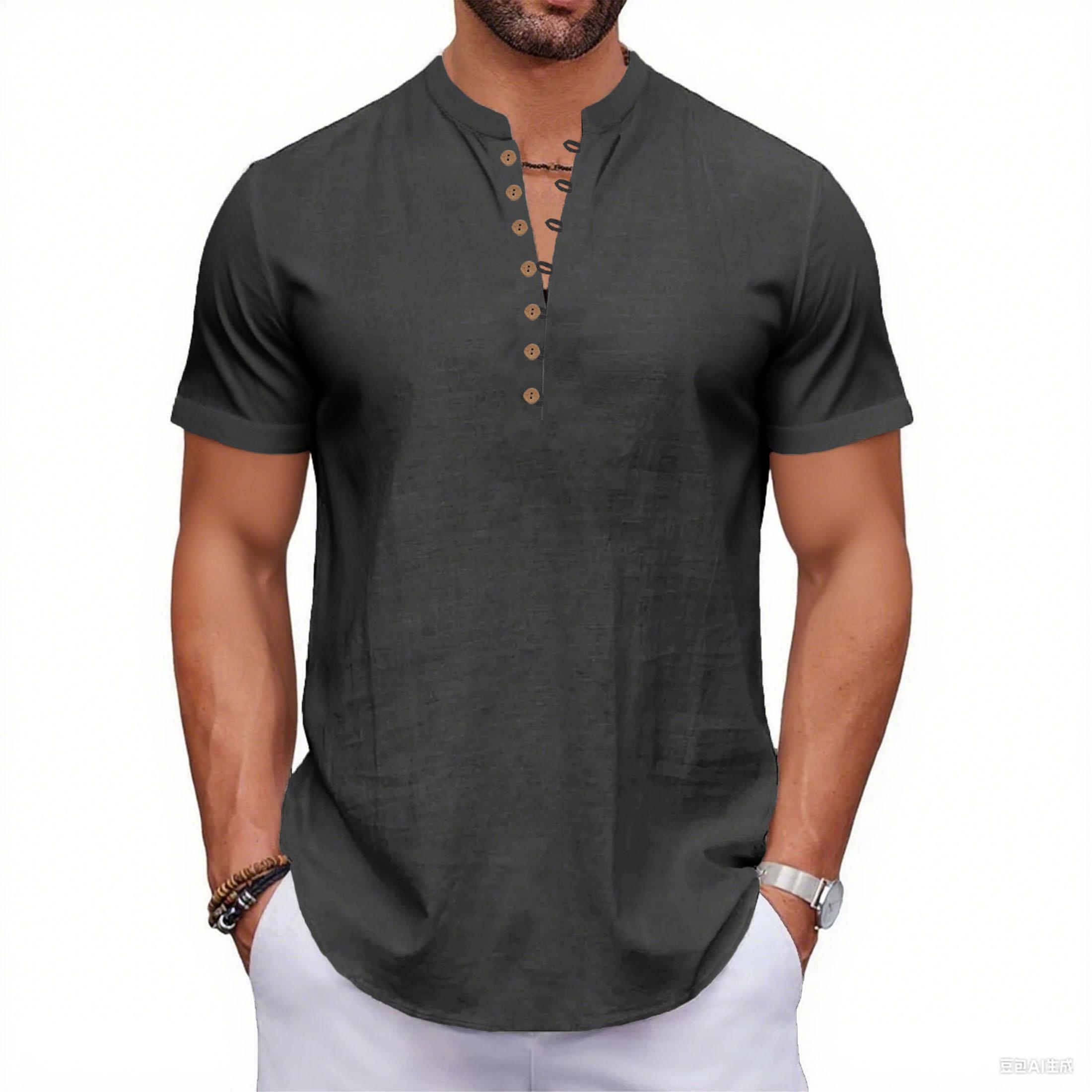 

Летняя Новая Мужская Хлопково-Льняная Футболка с Коротким Рукавом Дышащая Легкая Однотонная Мужская Модная Футболка Хенли с Пуговицами XXXL чёрный