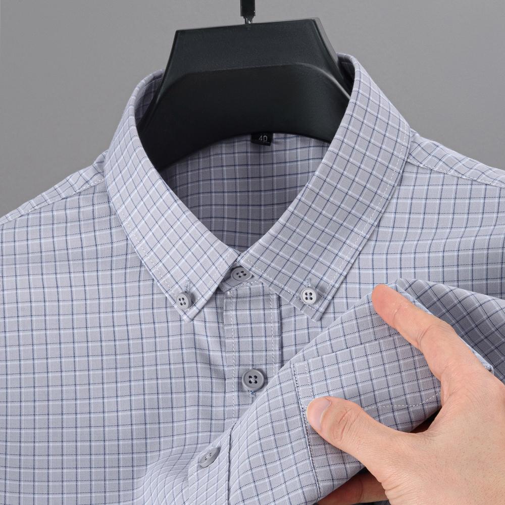 Pánské měkké pohodlné kostkované košile s dlouhým rukávem, nemačkavé modální bavlněné košile s ležérním límečkem na knoflíčky a kapsou