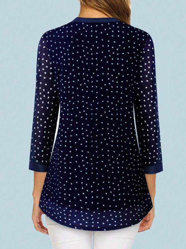 Women's European & American V-neck 3/4 Sleeve Printed Chiffon Loose Plus Size Top