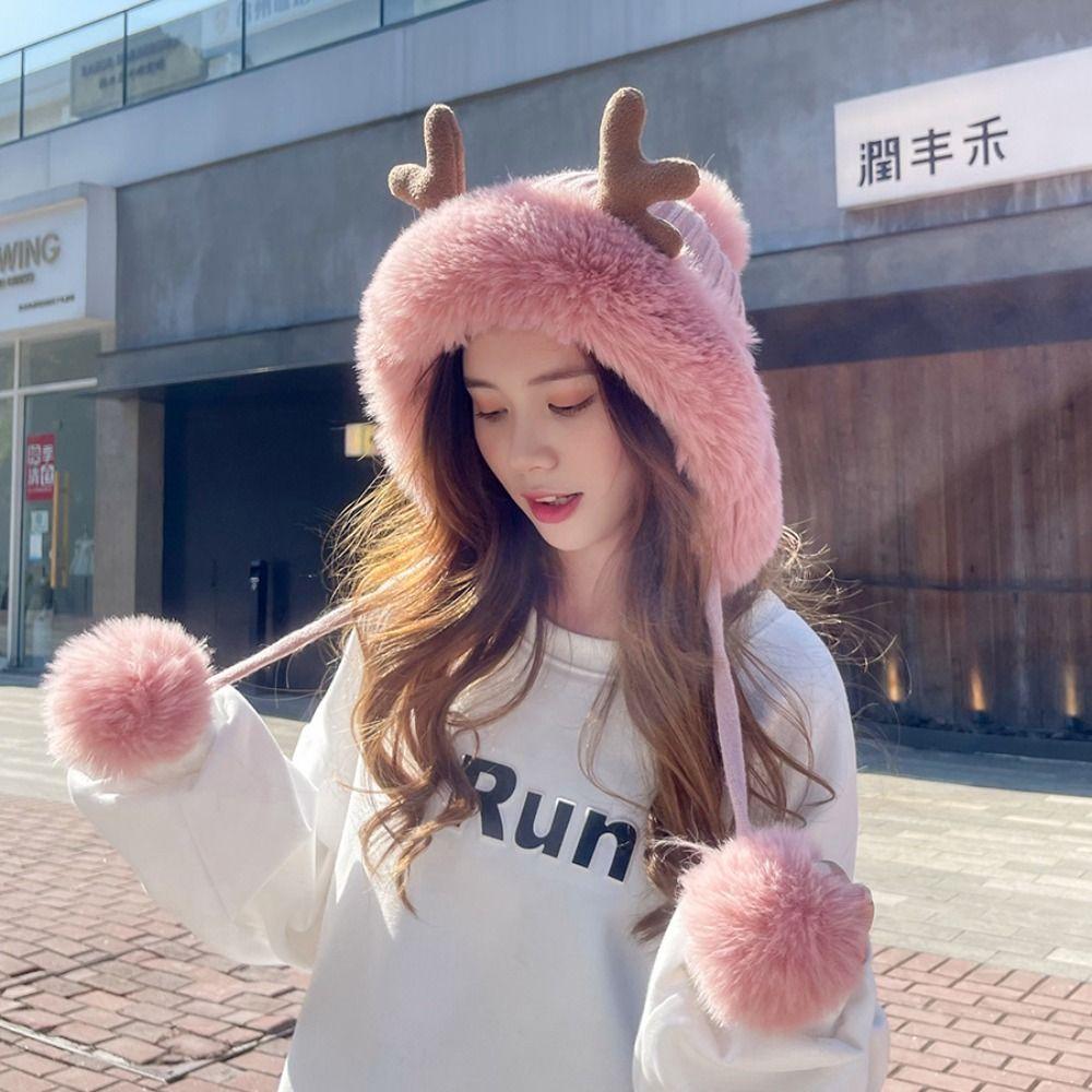 Winter Plush Antler Hat Fluffy Velvet Bucket Hat Cute Ear Protection Hat Women