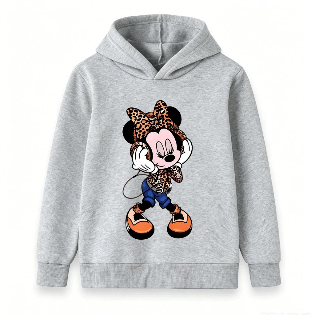Kids Boys Girls Pullover Hoodie, Trendy Leopard Print Mouse Cartoon Pattern Casual Long Sleeve Hooded Sweatshirt, Soft Warm Streetwear Tops Daily Wear