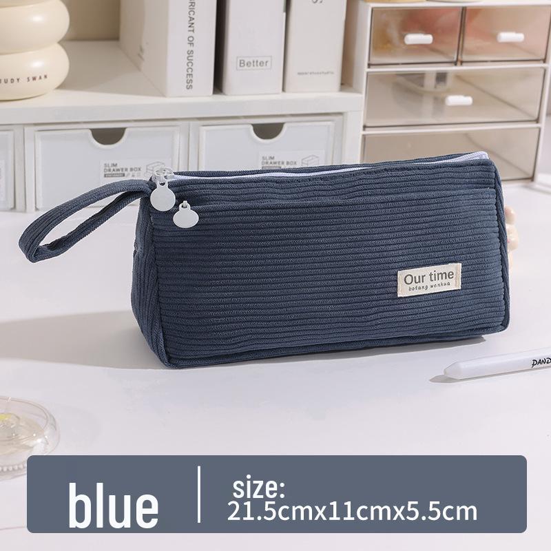 Стильный корейский вельветовый пенал - большой вместимости, однотонный, для учеников средней школы синий