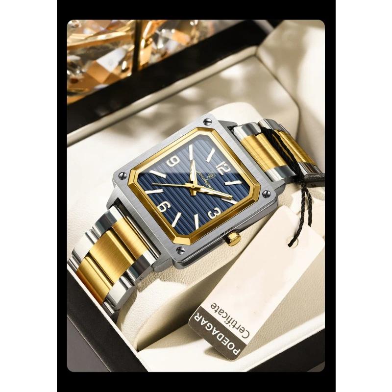 POEDAGAR Luxury Man Square Quartz Watch Waterproof Luminous Stainless Steel Watches Male Reloj+box