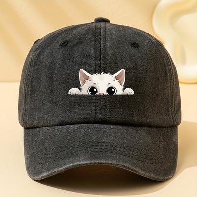 Cartoon Cat Printed Washed Retro Curved Brim Adjustable Unisex Peaked Cap