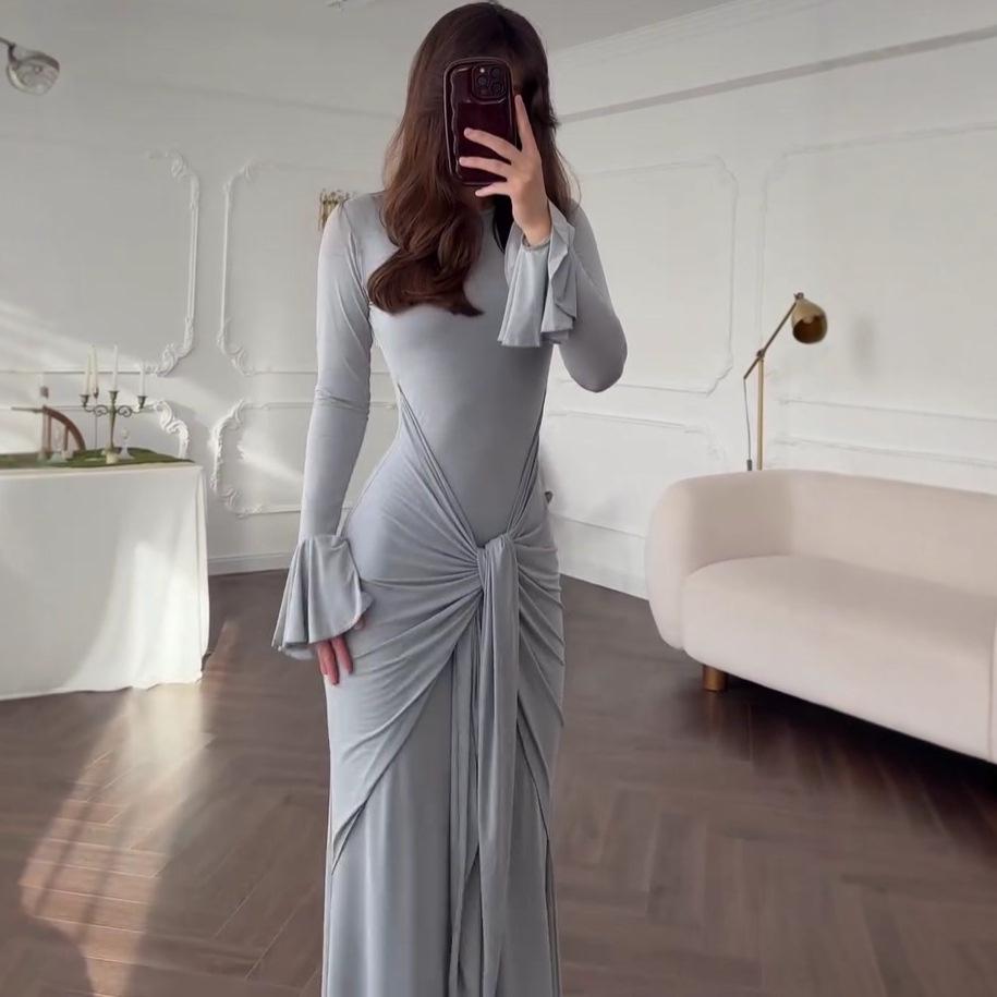 2025 Summer European & American Women's Tie Waist Long Sleeve Slimming Dress