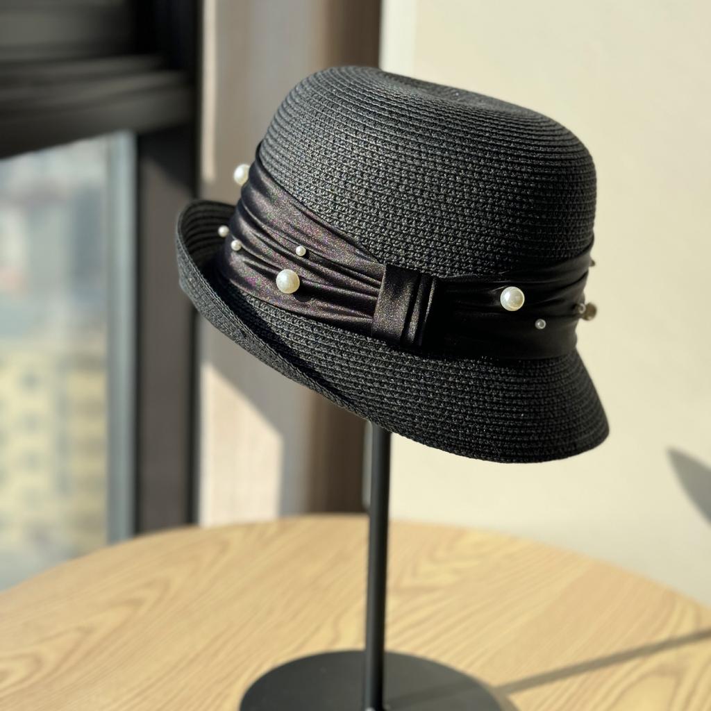 French Pearl Webbing Rolled Up Topper Women's Summer New Beach Seaside Vacation Sun Hat