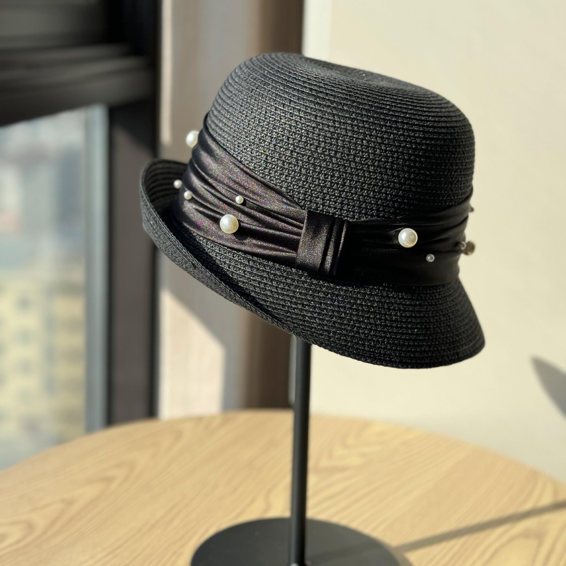 

Hepburn-style French pearl ribbon flat-top rolled-brimmed hat for women, new summer beach and seaside vacation sun hat Adult54-60Adjustable чёрный
