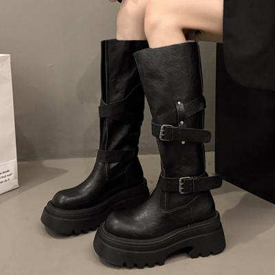 Designer Women Knee High Chelsea Boots Chunky Platform Goth Fad Heeled Shoes  Winter New Casual Woman Mid Heels Long Botas