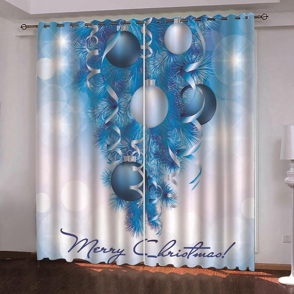 Christmas Curtain Funny Anta Claus Riding Sleigh Delivering Present Ball Winter Print Drapes Bedroom Party Decor For Made Of Polyester