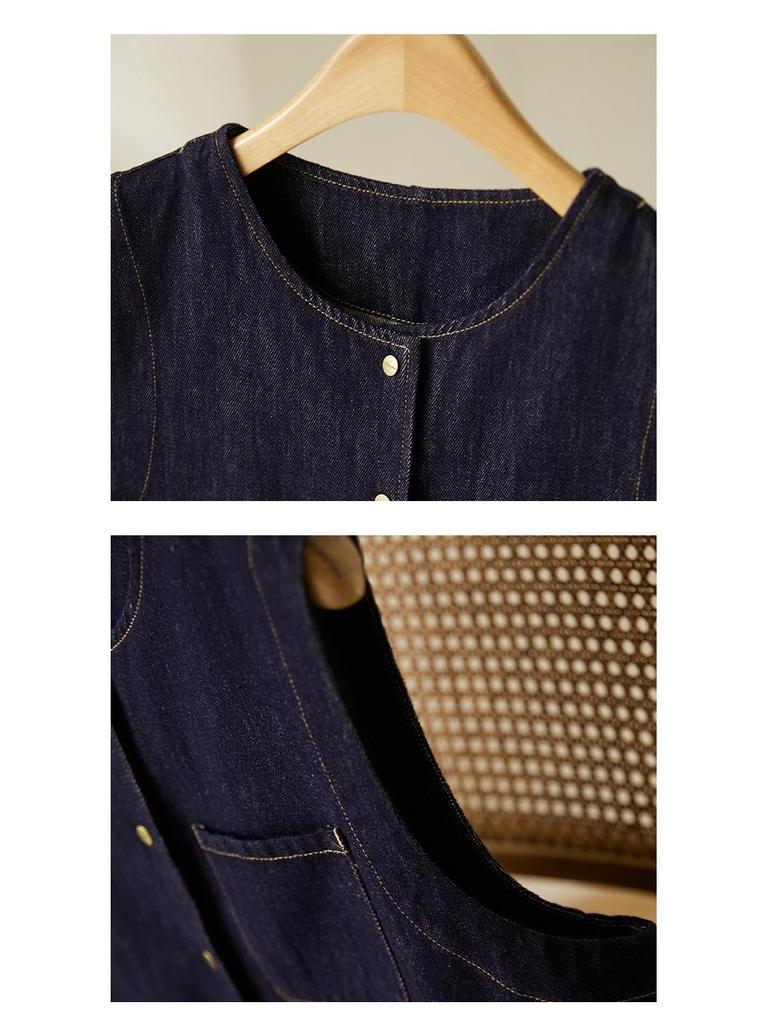 Bieyang Women's Artistic Retro Three-Pocket Denim Vest - High-End Early Autumn Versatile Coat