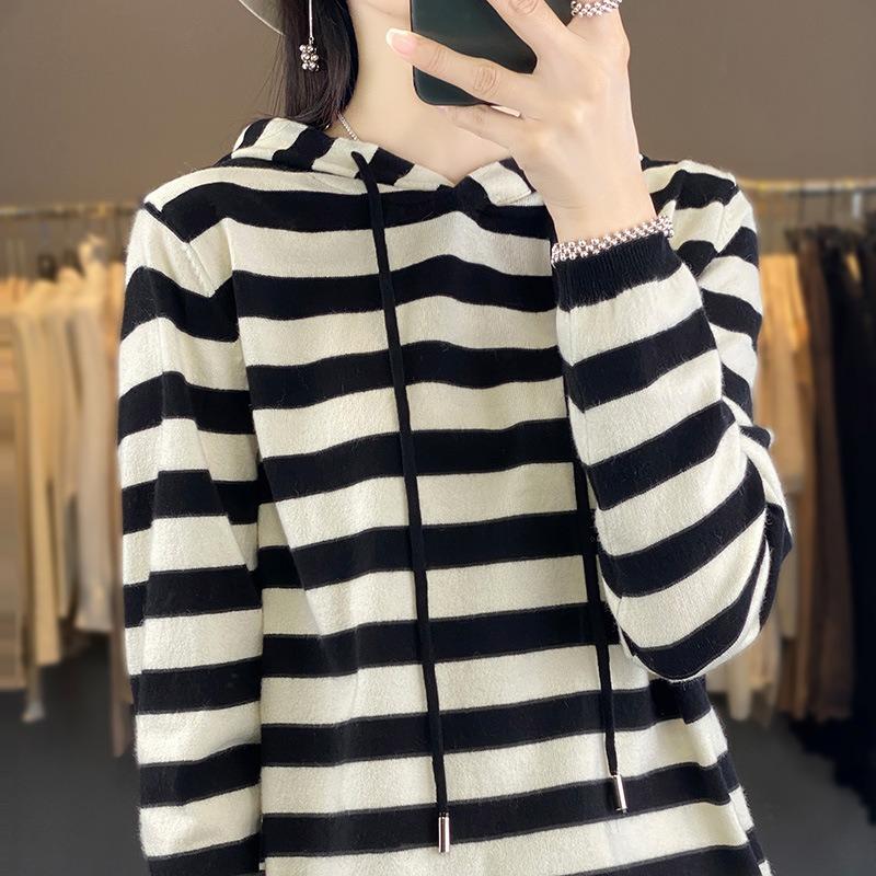Women S Striped Hooded Sweater Loose Casual Fit Pullover