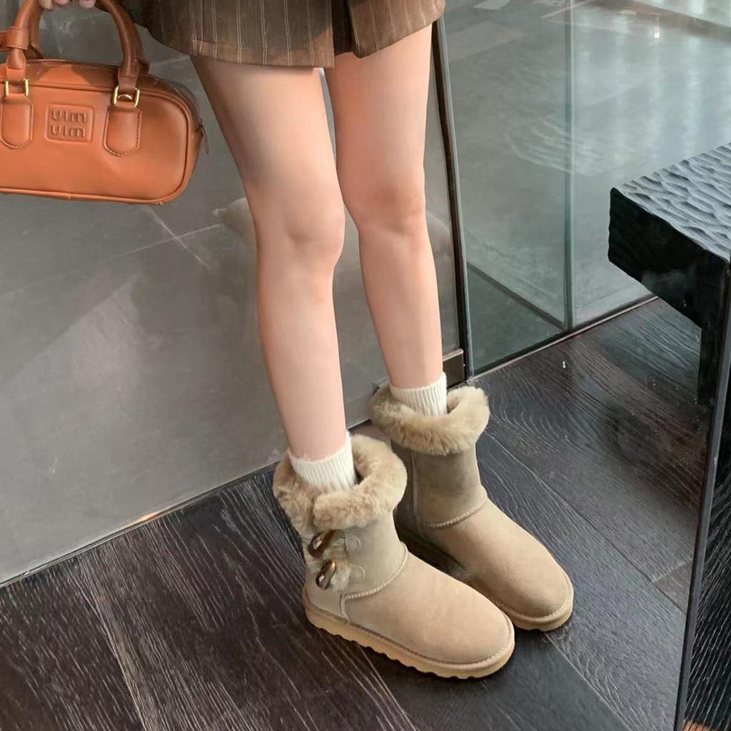 Snow boots women's 2025 new winter fur integrated horn buckle short boots children's cotton shoes non-slip warm thickened