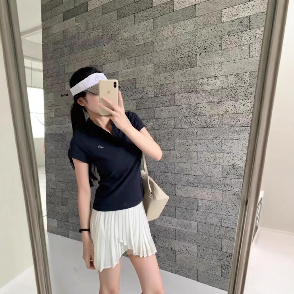 Alo2026 New Lapel Polo Short-sleeved T-shirt Women's Front Shoulder Slim-fitting and Thin Alphabet Top Feeling Summer
