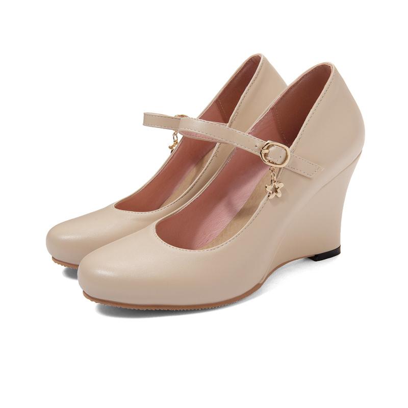 

Большого размера классические туфли-лодочки на танкетке, женские весенние повседневные туфли с ремешком на щиколотке, черные, белые, телесные, на танкетке, свадебные, офисные туфли для женщин 38 бежевый