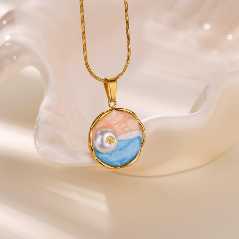 Color Oil Drop Pendant Necklace Women's Medieval Fashion Artificial Baroque Pearl Literary Retro Collarbone Chain