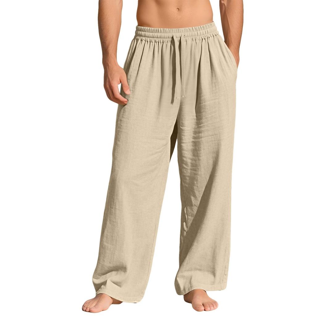 Men's Linen Wide Leg Casual Pants Breathable Loose Fit Trousers for Summer