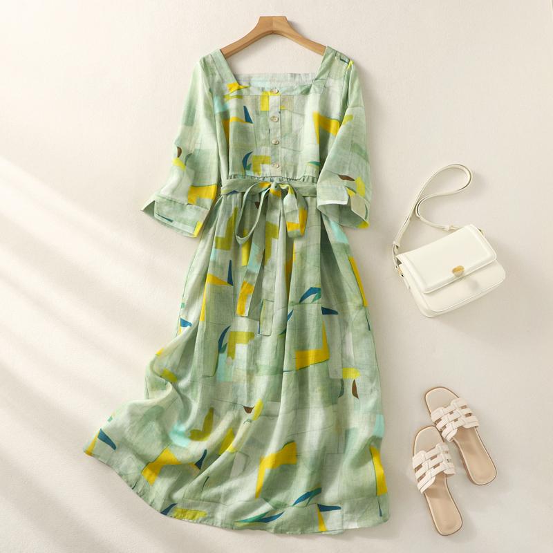 

DIMANAF 2023 Женское летнее платье с квадратным вырезом с принтом в новом стиле и утягивающей юбкой из хлопка и льна с цветочным принтом