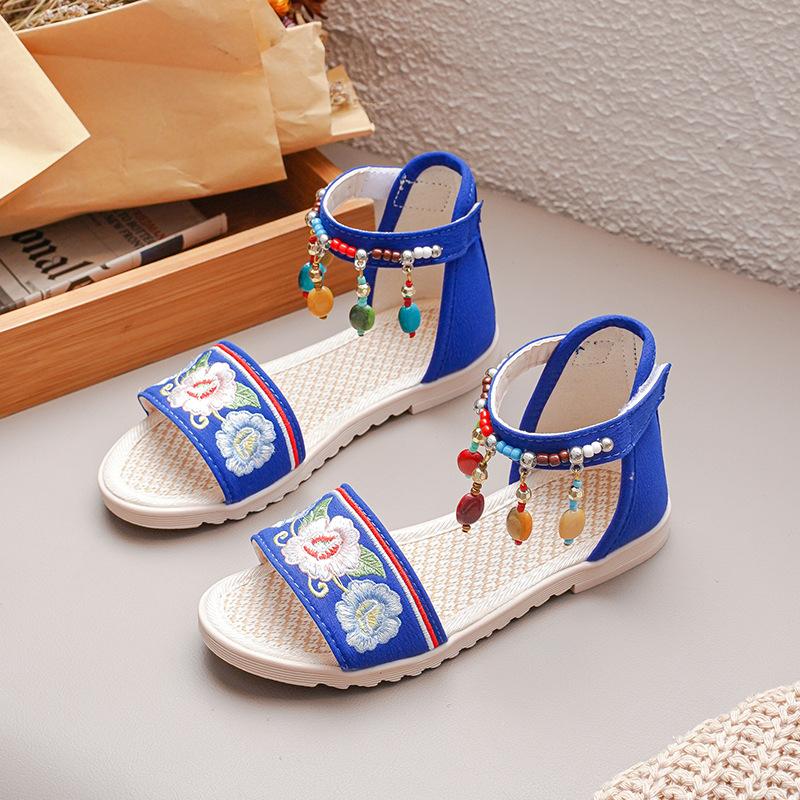 New Girls' Sandals Summer New Versatile Ethnic Style Princess Shoes, Big Children's Tassel Soft Sole Student Roman Shoes Flat