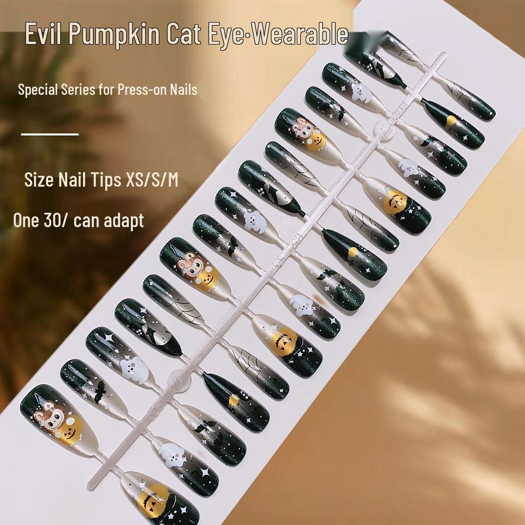 

Evil Pumpkin Cat Eye Halloween Nail Art - Cute Spicy Style Fake Nails, Finished Nail Pieces, Wearable Nails