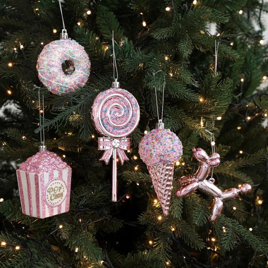 Christmas Ornament Sparkling Pink Series Ice Cream Doughnut Shape Hanging Pendant Farmhouse Xmas Decor
