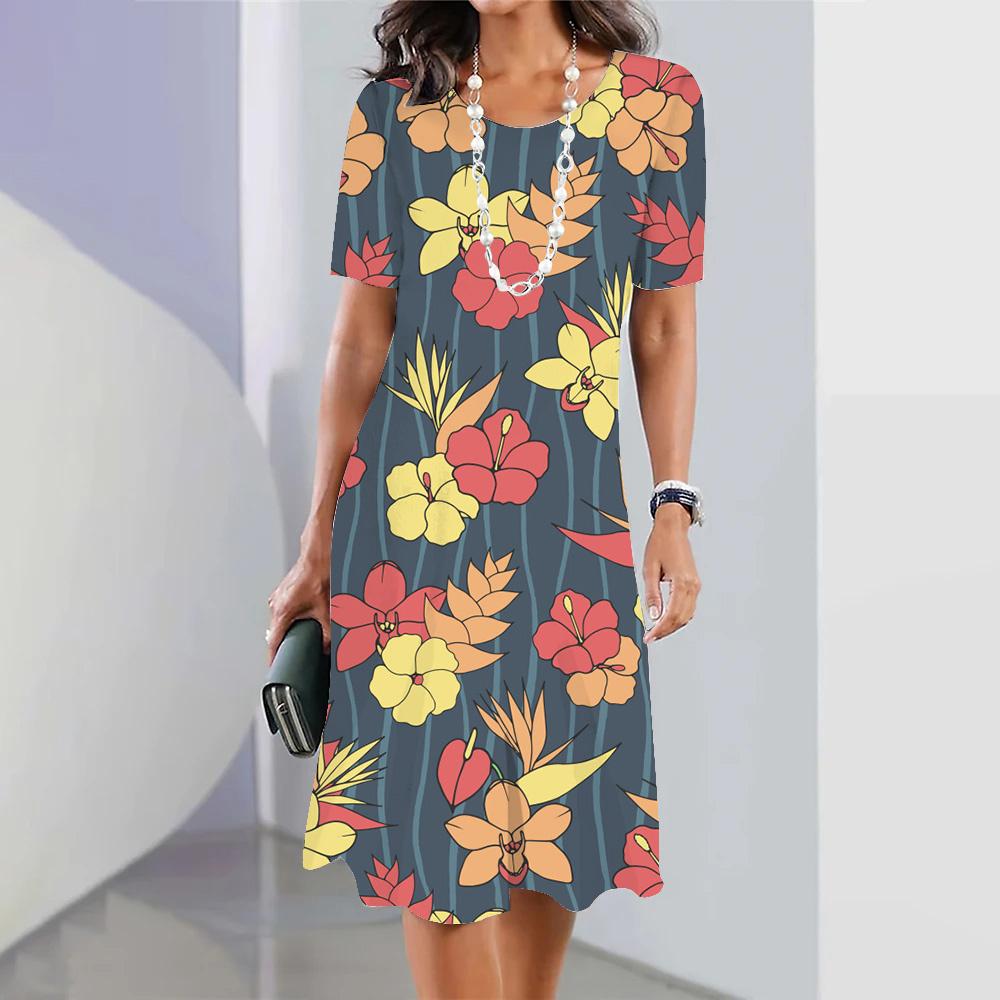 Blue Floral Women's Summer Short Sleeve Dress Fashion Party 3D Print Round Neck Knee-Length Dress 2026